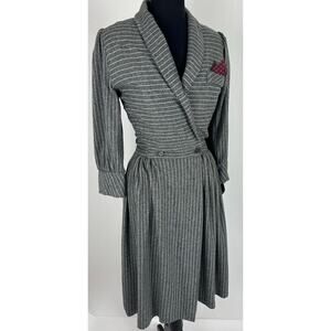 Vintage Gray Pinstripe Mob Wife Midi Wrap Dress Size Medium Suit Retro Academia